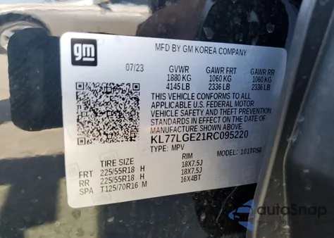 2024 Chevrolet Trax 1Rs from USA, damaged, VIN KL77LGE21RC095220